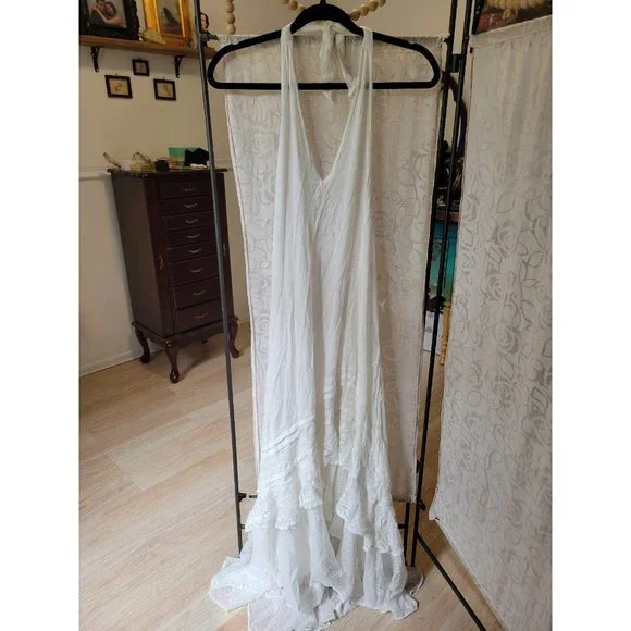 New women's sz lg free people white lace gauzy halter tie dress slice of heaven - Picture 3 of 6